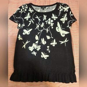 TALBOTS Small Petite (SP) Short-Sleeve Black Sweater w/ White Butterflies